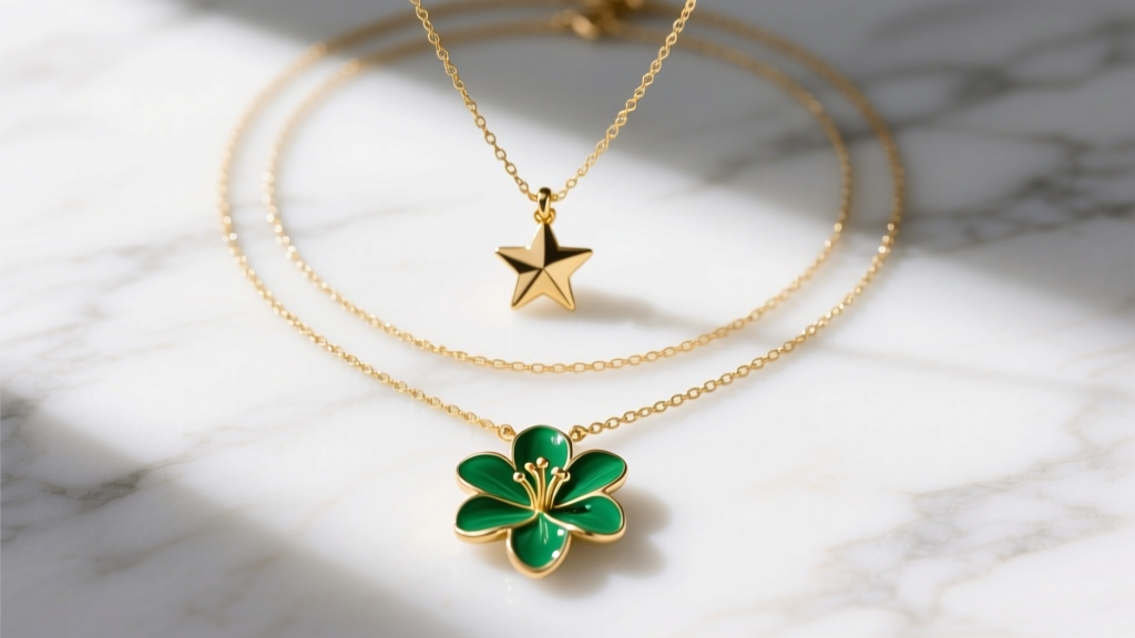 Flat lay of a layered necklace set featuring a gold star charm and a green enamel lily pad pendant on a white marble surface.