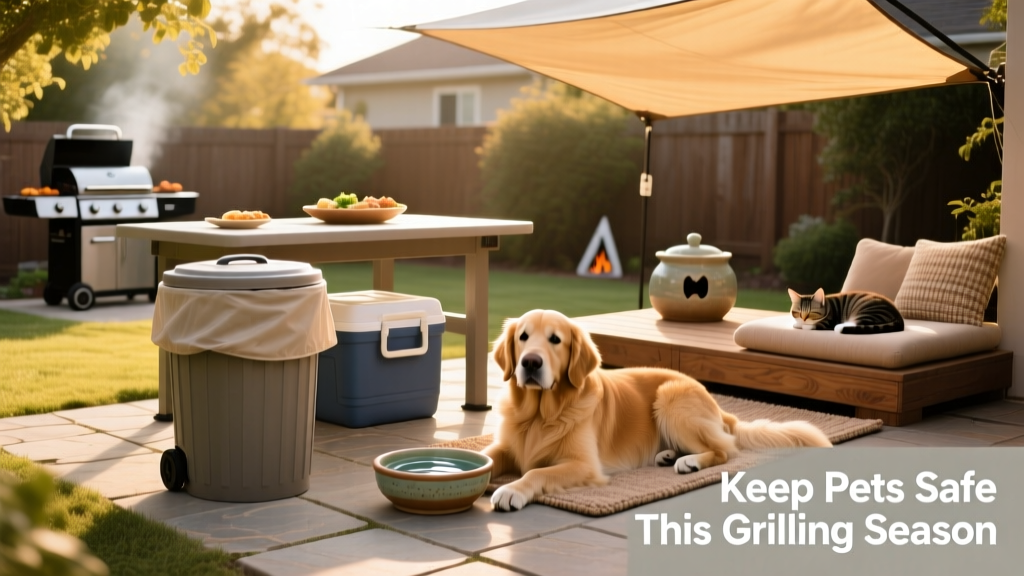 A pet-safe grilling setup: covered trash bin, sealed cooler, elevated food table, and a designated pet zone with water bowl and shade