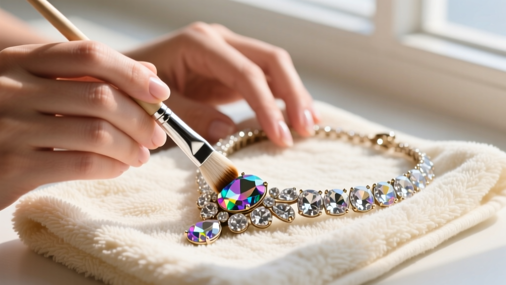 Hands using a soft brush to clean a foil-backed rhinestone on a vintage crystal necklace over a dry microfiber towel