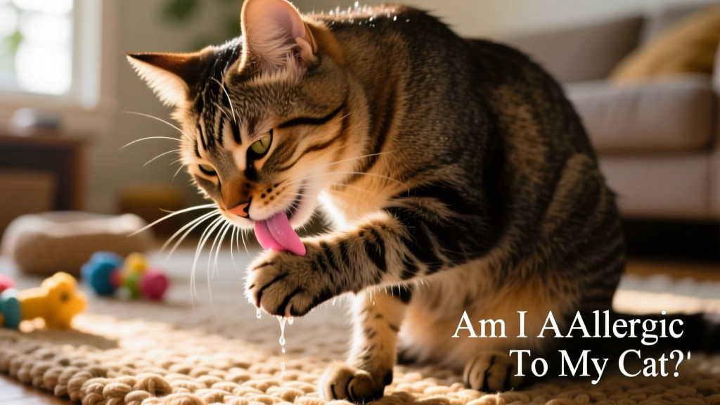 Close-up of a cat grooming its paw with tongue, showing saliva transfer to fur