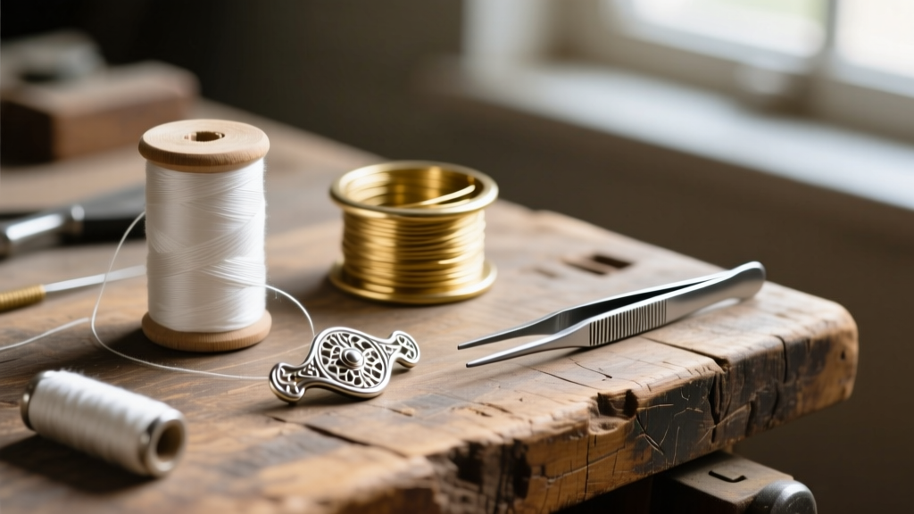 Restringing tools featuring white silk thread, brass French wire, a silver clasp, and fine tweezers on a rustic wooden workbench