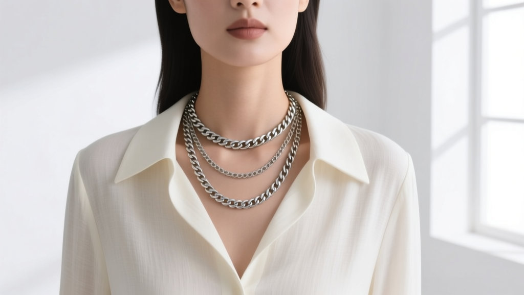 A woman wearing a layered 18-inch Italian pepper necklace with a 20-inch silver figaro chain against a crisp white linen blouse.