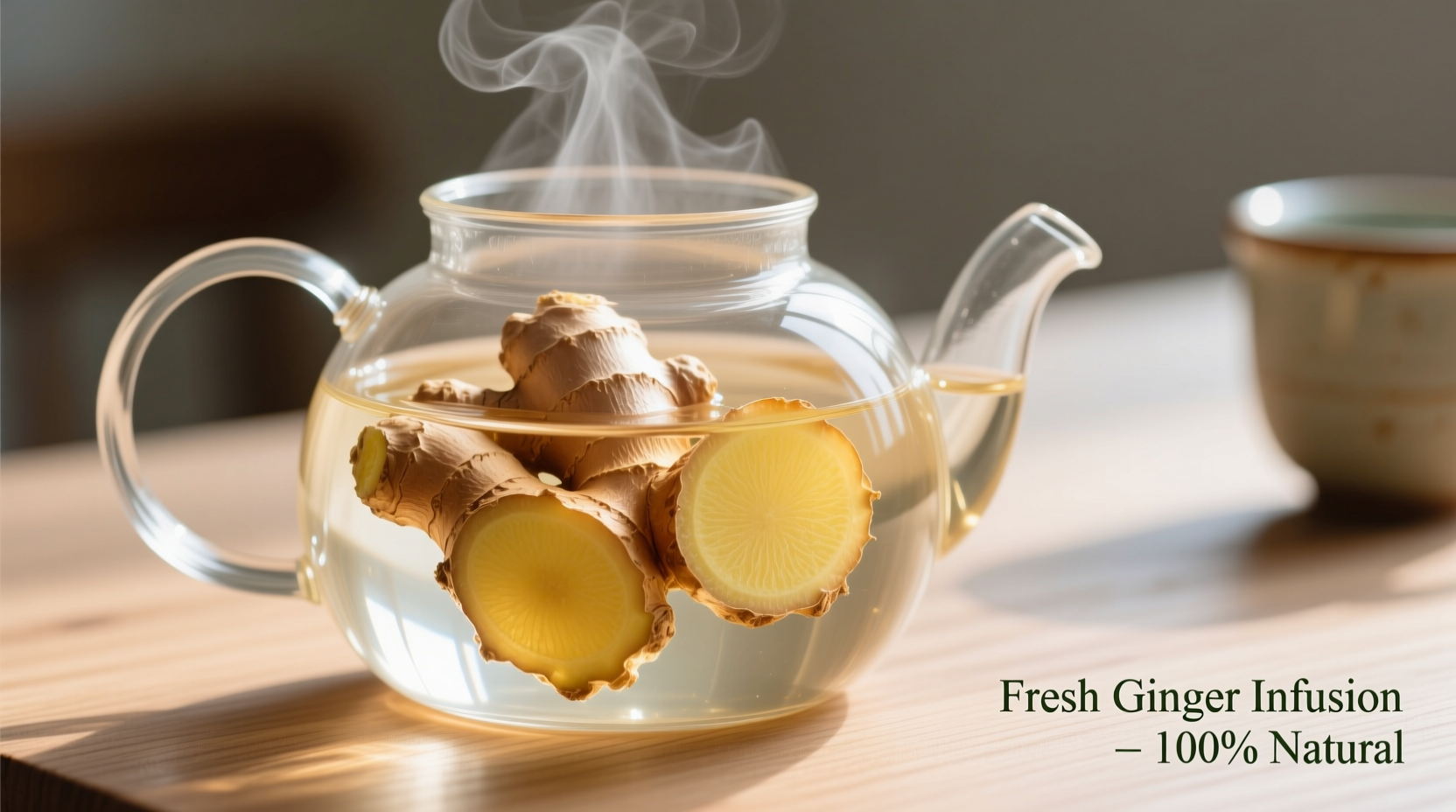 Fresh ginger root slices steeping in clear teapot