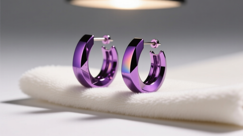 Vibrant purple anodized titanium hoop earrings resting on a soft microfiber cloth, illuminated by warm studio lighting.