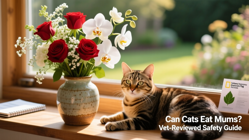 A cheerful arrangement of safe flowers—roses, orchids, and statice—in a ceramic vase on a windowsill beside a relaxed cat