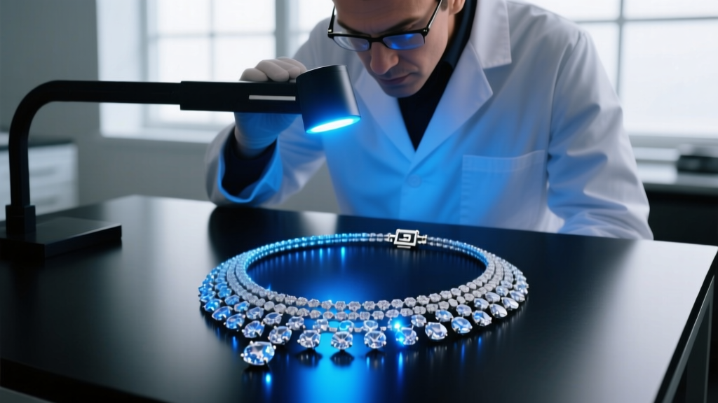 Gemologist using long-wave UV light to test a multi-strand diamond necklace on a dark workbench, revealing blue fluorescence
