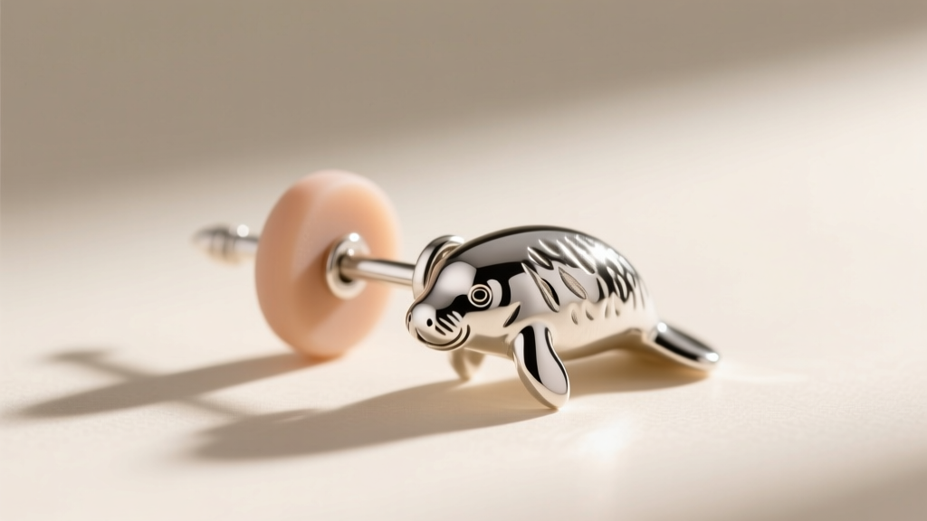 Extreme close-up of a 20-gauge sterling silver earring post with a silicone friction back, attached to a small manatee charm