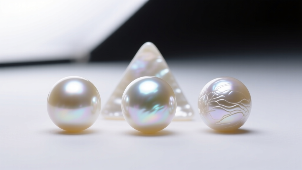 Macro photo of three Akoya pearls showing distinct luster and surface differences under a bright, diffused studio lighting setup