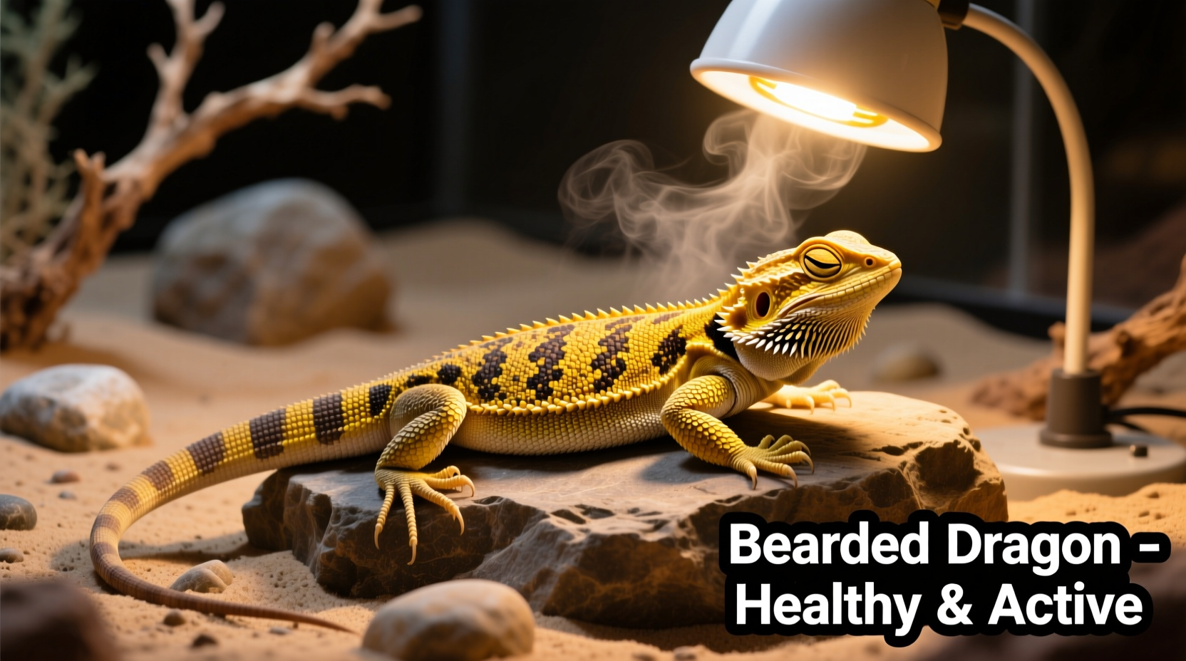 Healthy bearded dragon basking under heat lamp