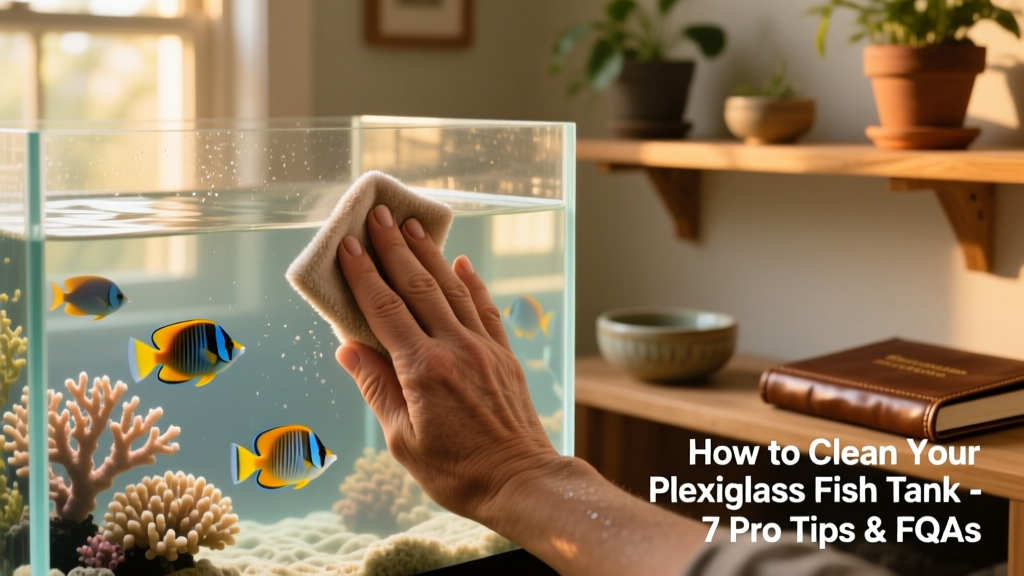 Hand holding a soft microfiber cloth gently wiping the inside wall of a plexiglass aquarium