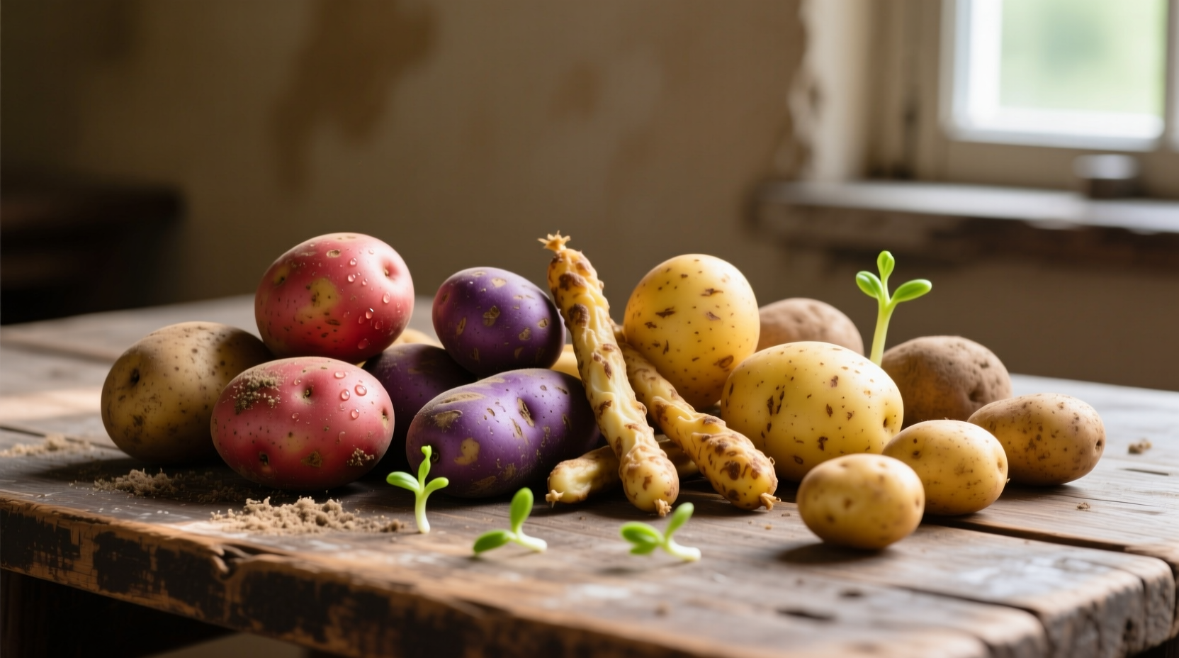 Different potato varieties on wooden table