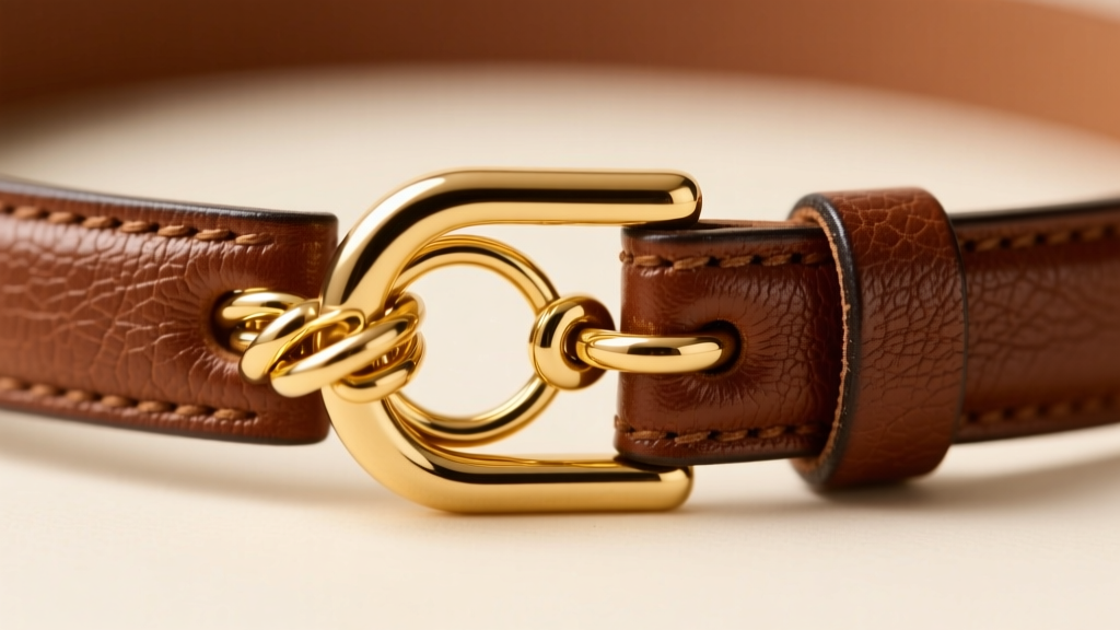 Close-up of a gold vermeil clasp mechanism attached to a brown top-grain leather choker highlighting the spring ring and jump ring