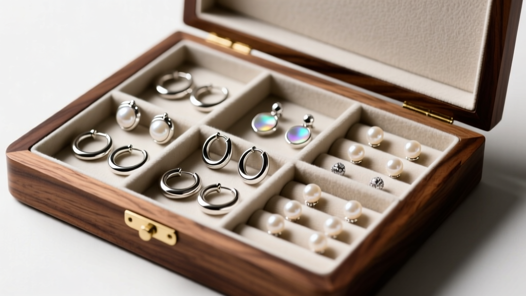 Open walnut box earring organizer lined with anti-tarnish cloth, displaying sterling silver huggies and pearl studs