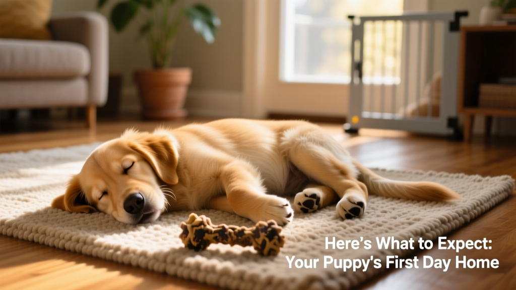 A happy, relaxed puppy lying on its side on a rug, eyes half-closed, tail gently thumping, with a chew toy nearby