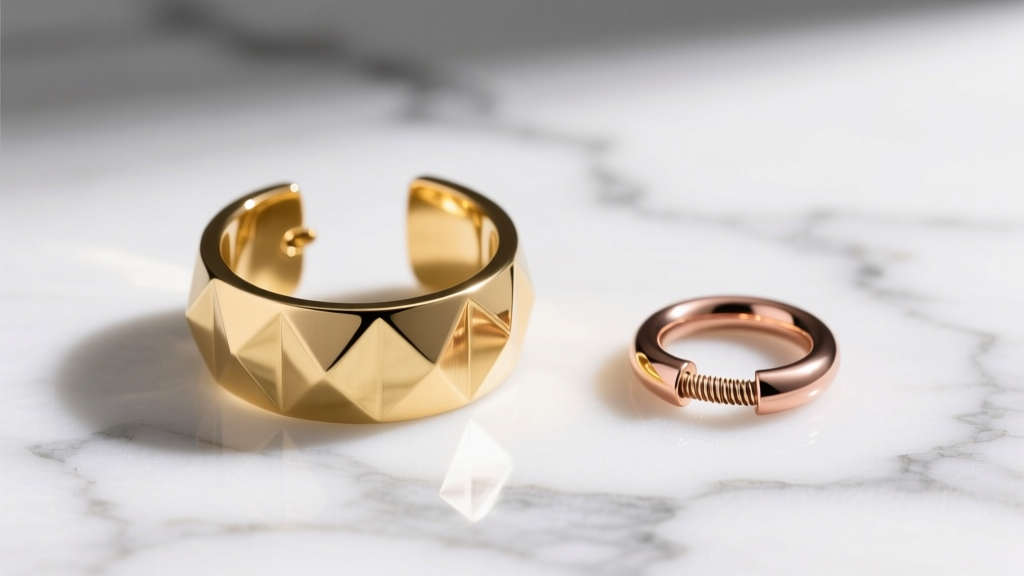Flat lay of body jewelry including a 14k gold left ear cuff and an internally threaded 16g conch hoop on a marble surface