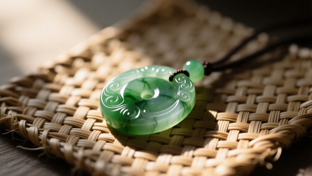 Carved pounamu greenstone pendant on a woven flax mat, warm directional light highlighting the translucent nephrite jade texture.