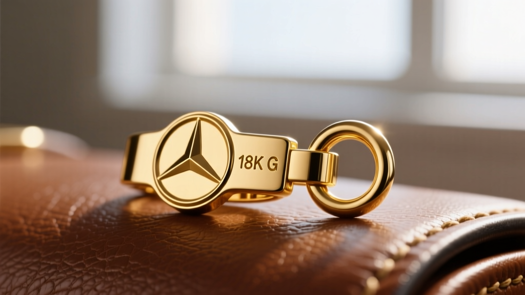 Macro shot of an 18k gold vermeil Mercedes logo necklace clasp and jump ring, showing the hallmark stamp against blurred leather.