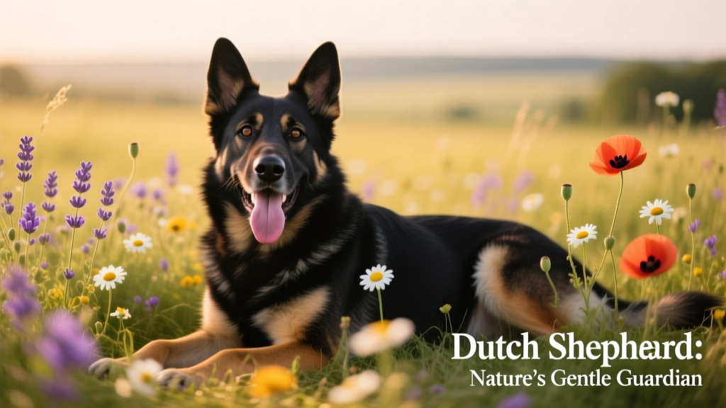 cute dutch shepherd lying in a field of flowers with his tongue out