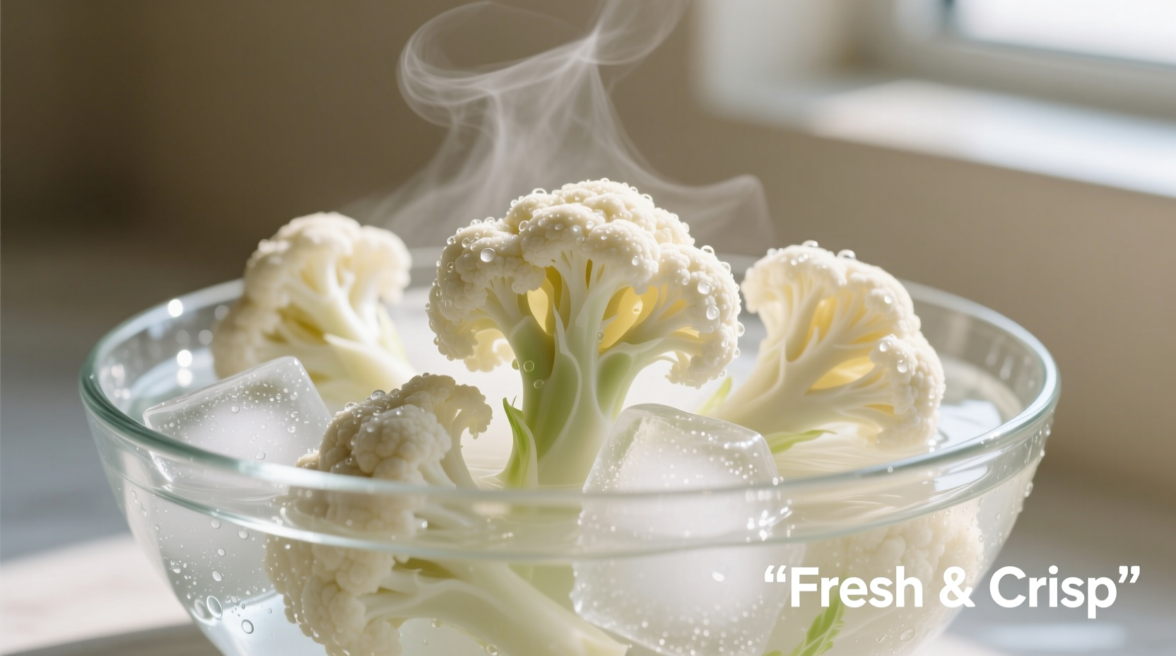 Fresh blanched cauliflower florets in ice bath