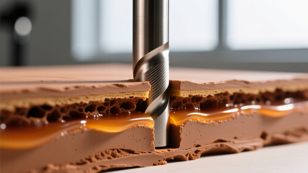 Cross-section photo of a titanium post mechanically embedded into baked polymer clay, highlighting the adhesive resin bond line