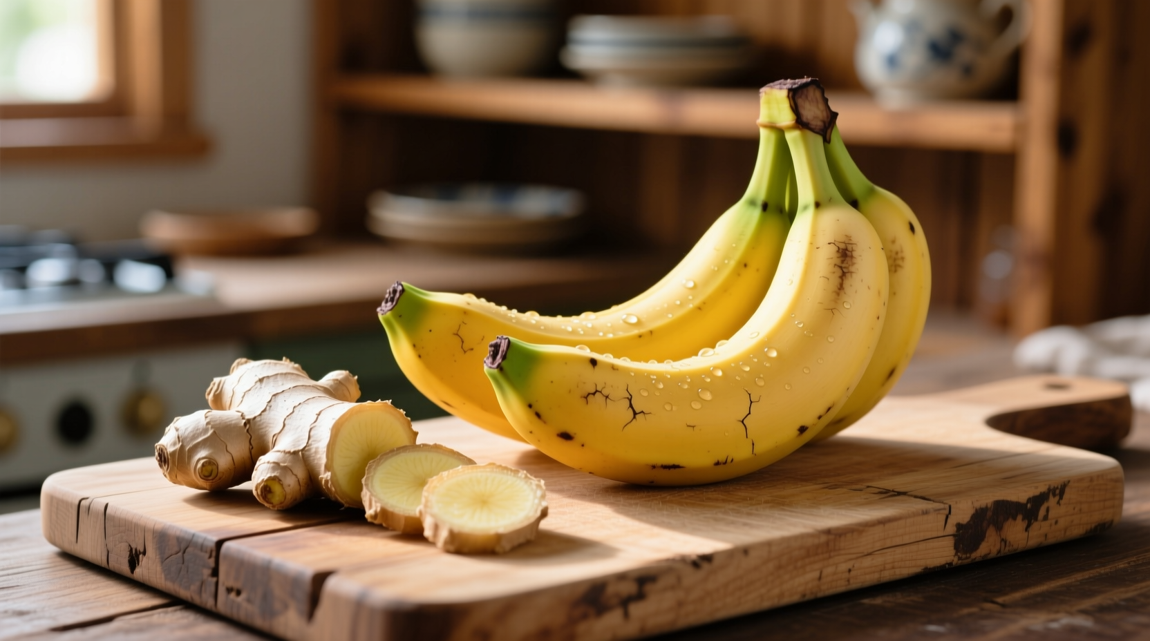 Fresh bananas and ginger on wooden cutting board