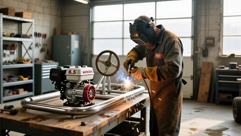 Welder assembling a tubular steel go kart chassis in a garage, with a 6.5 HP Honda engine and steering wheel on the workbench