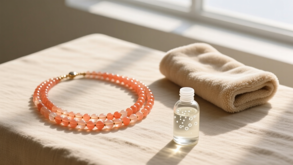 Flat lay of jewelry care supplies including a soft microfiber cloth, pH-neutral soap, and a multi-strand coral necklace on linen