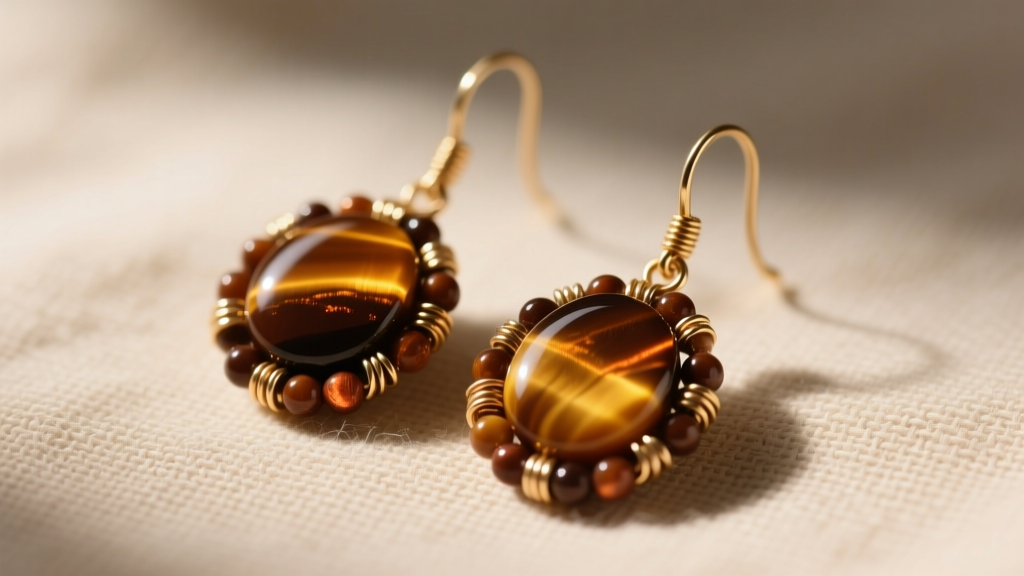 Macro shot of brown beaded earrings with polished tiger eye stones and brass wire, resting on textured beige linen