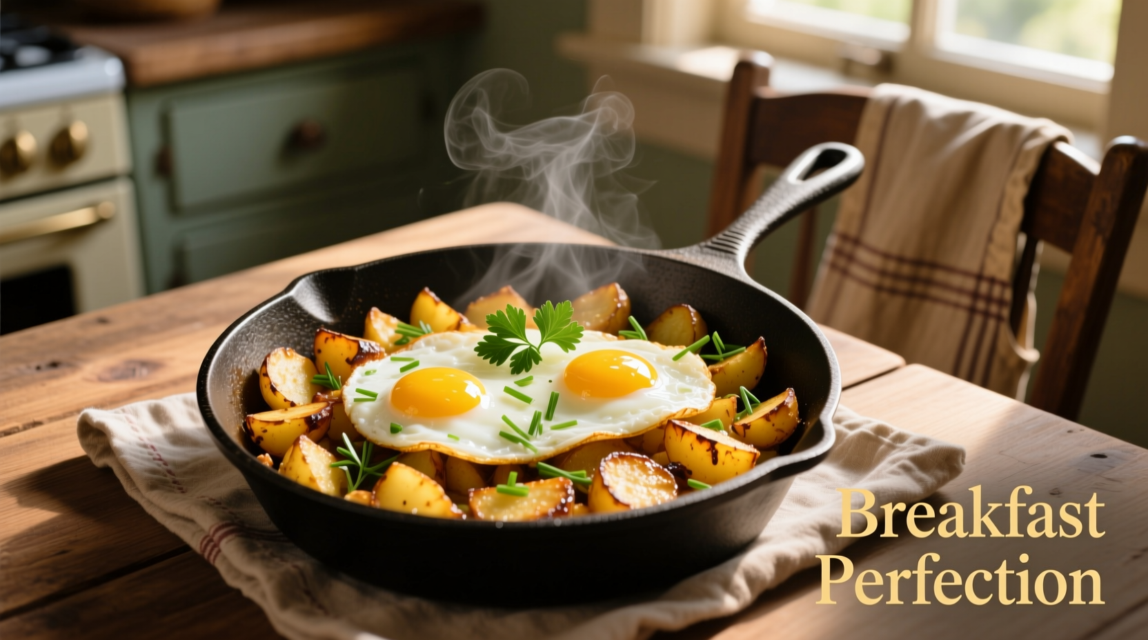 Cast iron skillet with golden potato hash and eggs