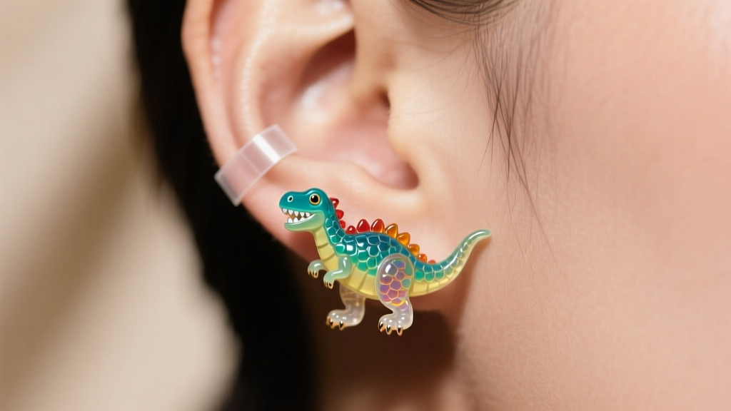 Close-up of an earlobe wearing a quirky resin dinosaur earring supported by a clear adhesive patch under soft studio lighting