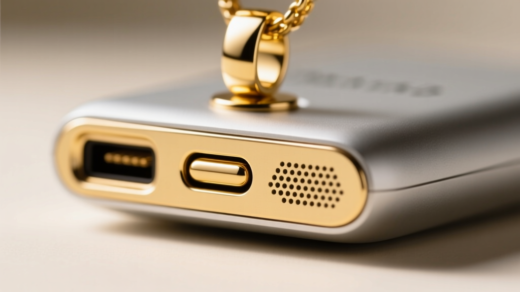 Macro shot of smart pendant back, showing gold-plated magnetic charging contacts and small speaker grille in sharp bright focus