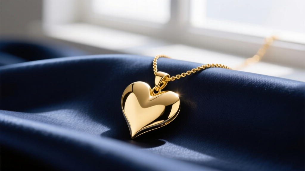 Close-up of an 18k yellow gold Frivole necklace pendant with heart-shaped mirror-polished petals resting on dark navy silk fabric.