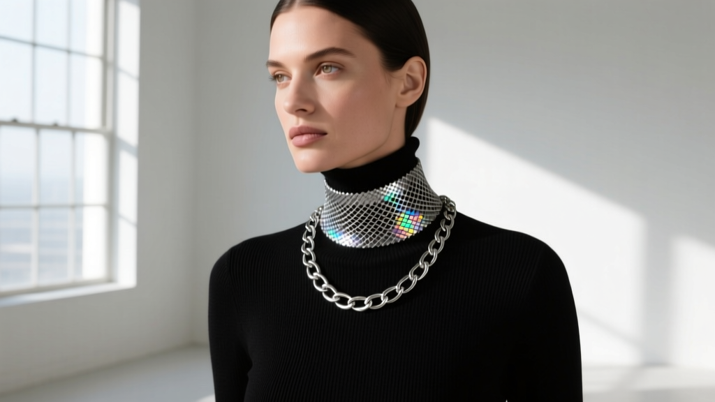 Woman wearing a silver-tone Whiting Davis snake mesh collar over a black turtleneck, showing the metallic reflection and drape