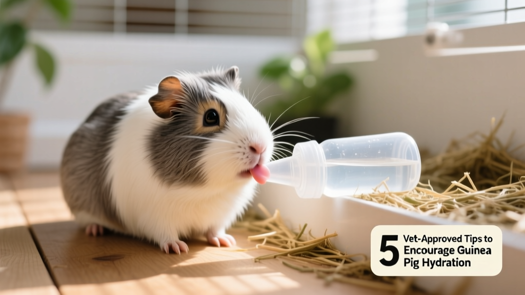 Guinea pig gently licking water from a clean sipper bottle in a well-lit, tidy habitat