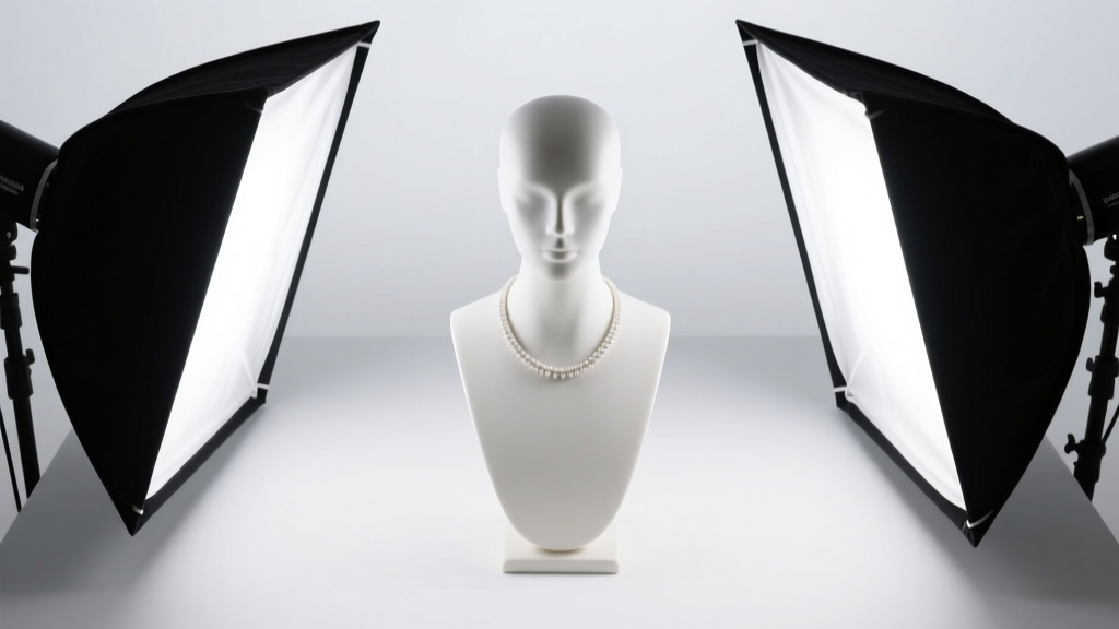 Overhead view of a dual softbox lighting setup angled at forty-five degrees toward a white polyurethane necklace mannequin bust