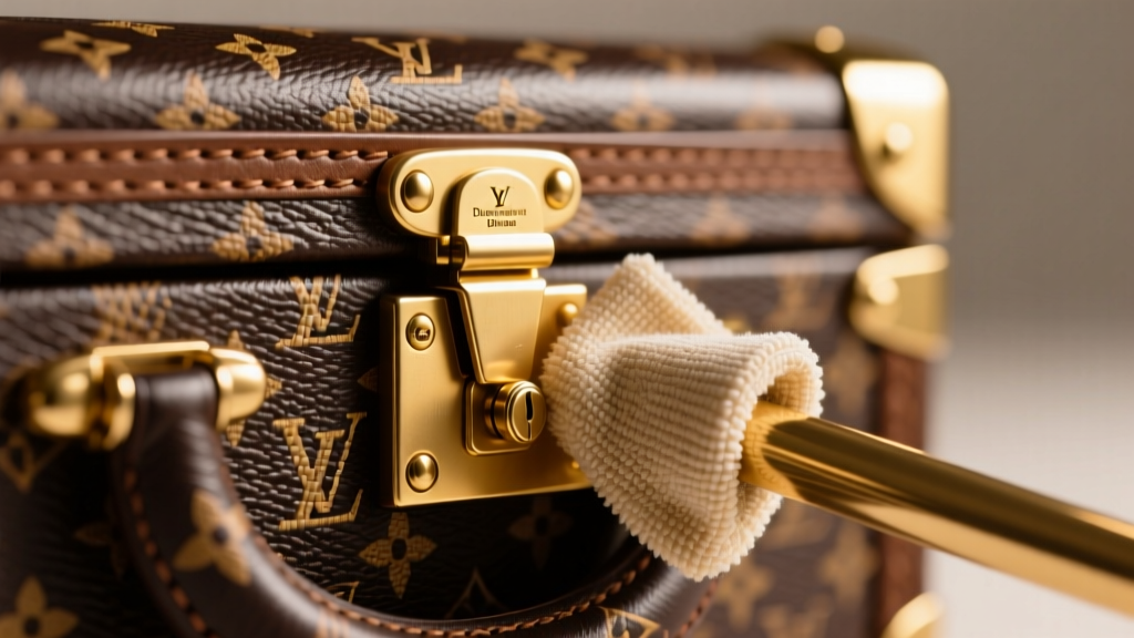 Microfiber cloth polishing the brass push-lock on a Damier Ebene leather jewelry case under warm directional studio lighting