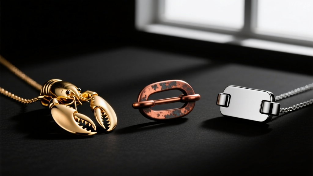 High-contrast studio photo comparing three necklace clasps: a brass lobster claw, a copper toggle, and a titanium magnetic clasp.