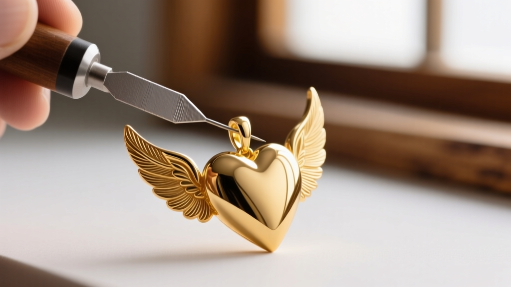 Jeweler using a fine needle file to smooth the sharp cast edges on the feathered wing of a 14k gold angel heart pendant.