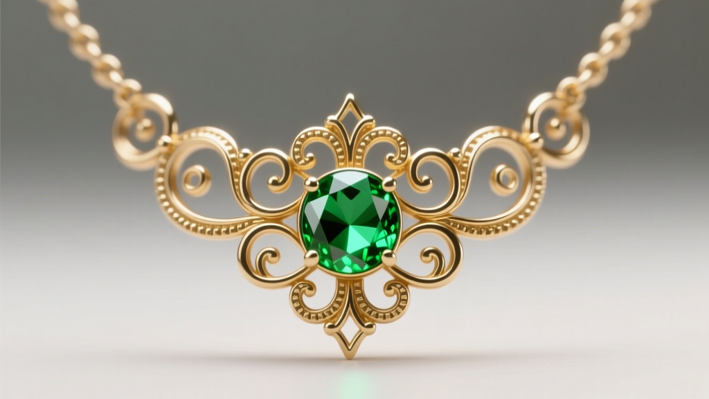 Macro view of a Final Fantasy IX Garnet necklace replica with gold filigree holding an 8mm faceted peridot gemstone.