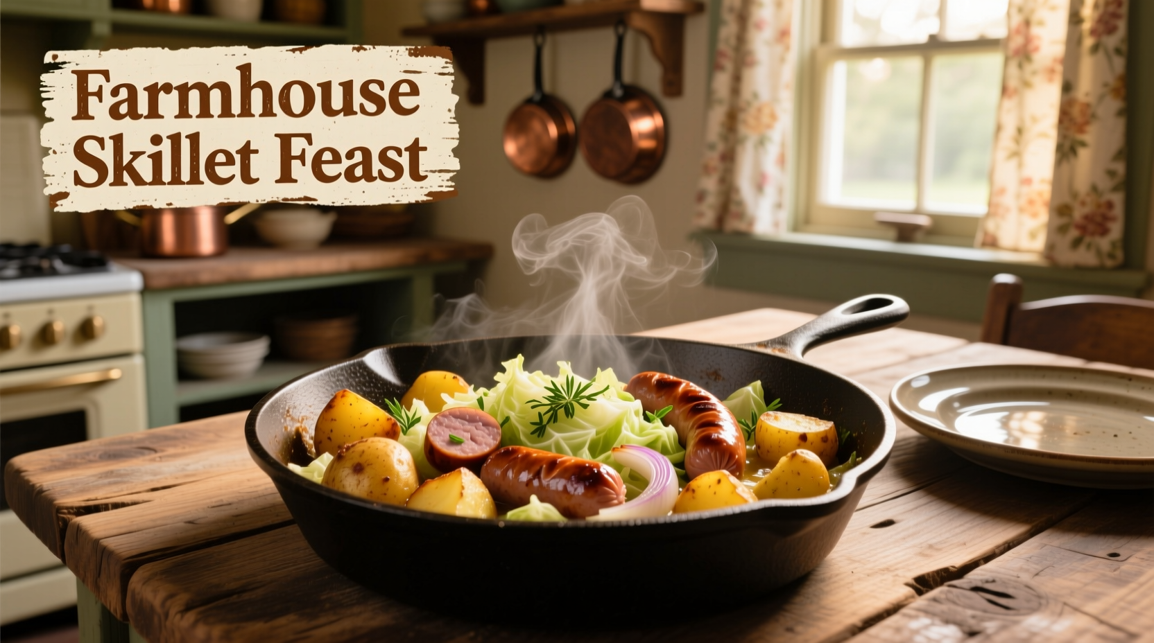 Golden brown cabbage sausage potato skillet meal