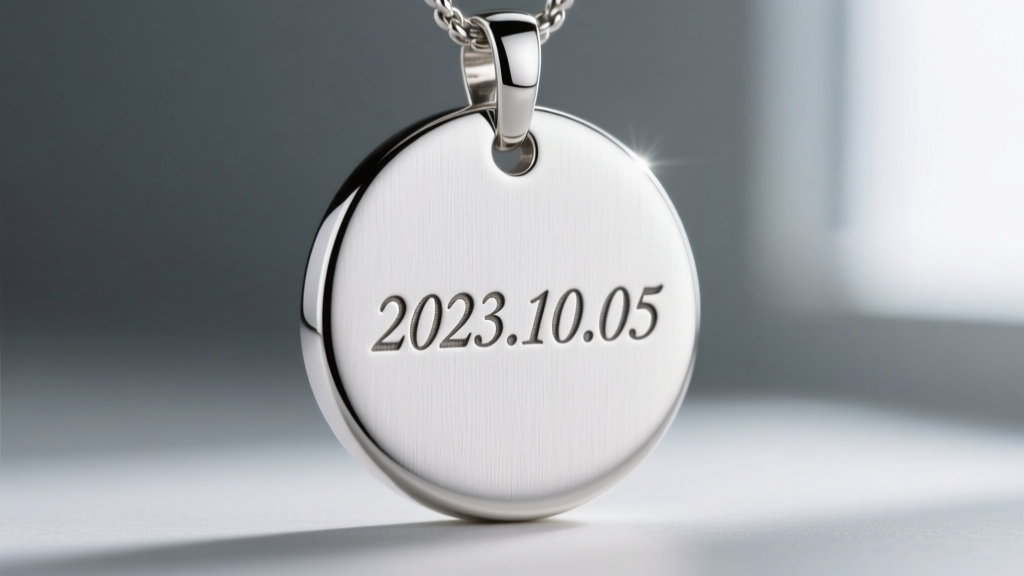 Extreme close-up of a laser-engraved script date on a brushed platinum pendant back, showing crisp and deep lettering details
