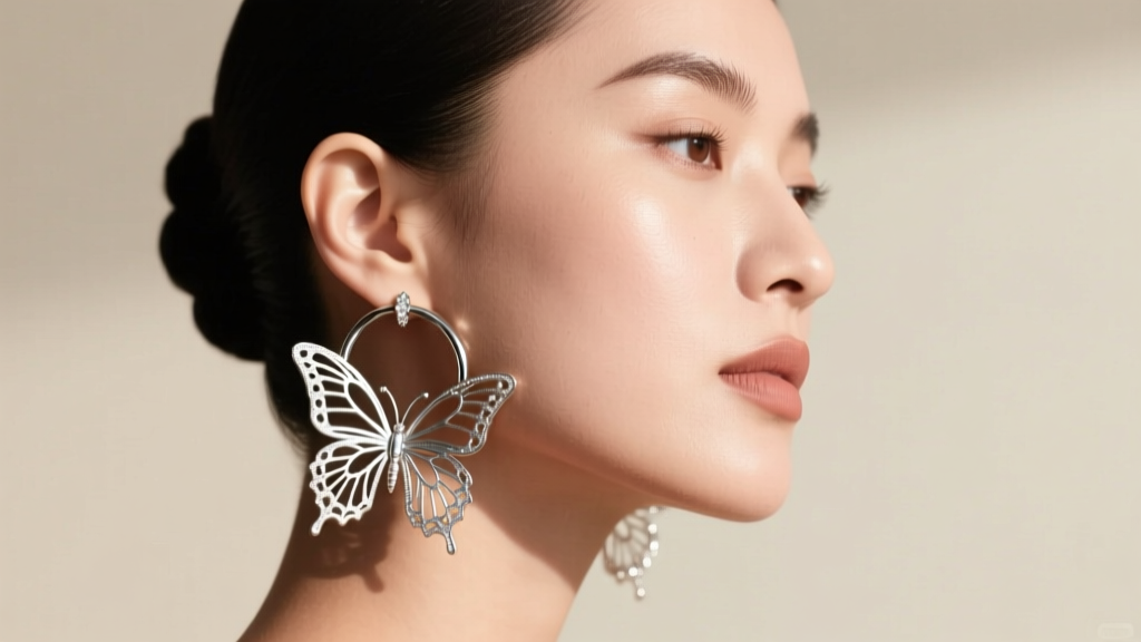 Woman with an updo wearing large asymmetric silver butterfly earrings hoops, showing how the jewelry frames a round face shape