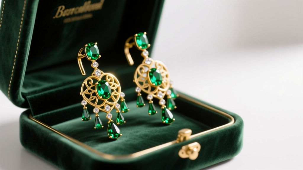 Velvet box revealing striking 18k gold and emerald green statement chandelier earrings under warm, focused gallery lighting.