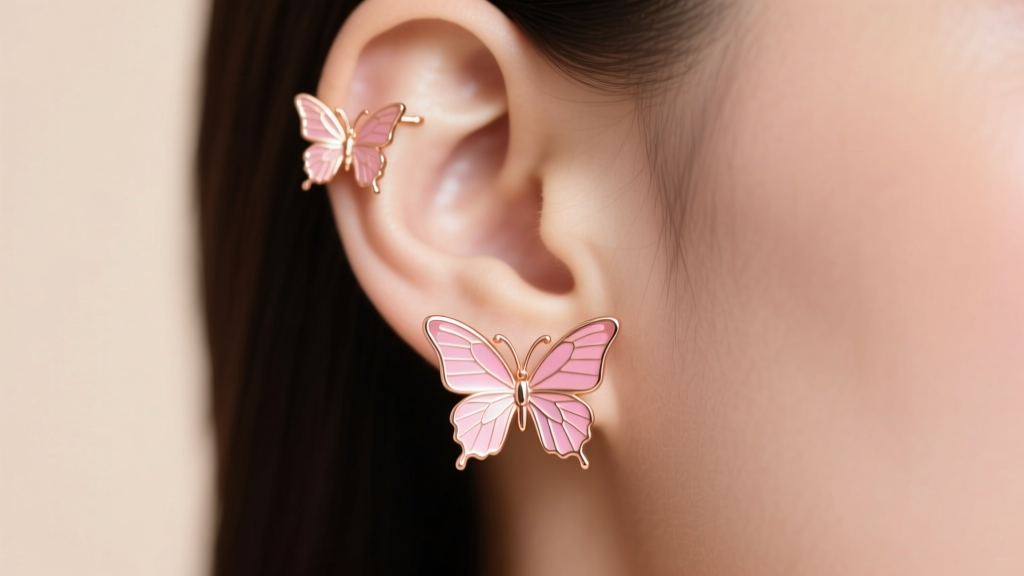 Macro shot of an ear stack with rose gold pink butterfly earrings on the lobe and helix, soft lighting, elegant feminine aesthetic.