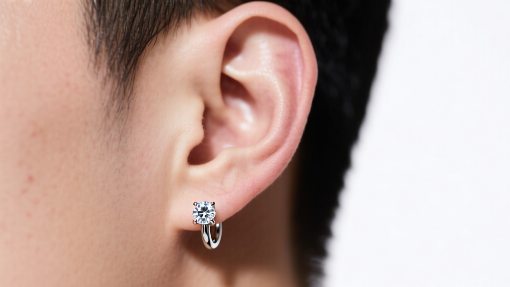 Male earlobe wearing a hypoallergenic titanium diamond huggie, bright clinical lighting, showing zero skin redness or irritation
