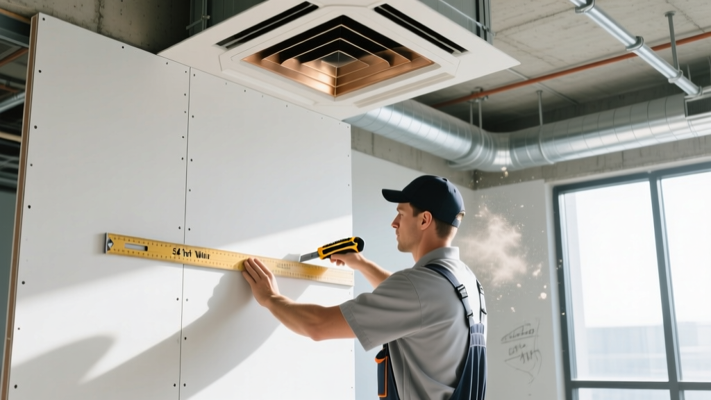 Drywall installer measuring and cutting a 54-inch wide gypsum board sheet to fit around a commercial ceiling HVAC vent