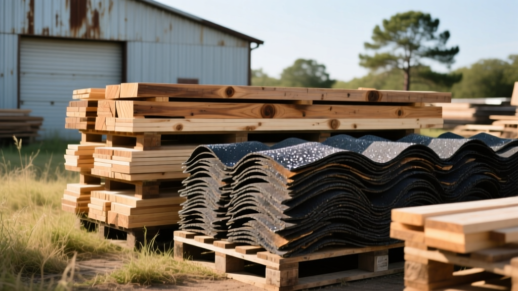 Discounted dimensional lumber and surplus asphalt shingles stacked on pallets outside a rural East Texas building materials yard