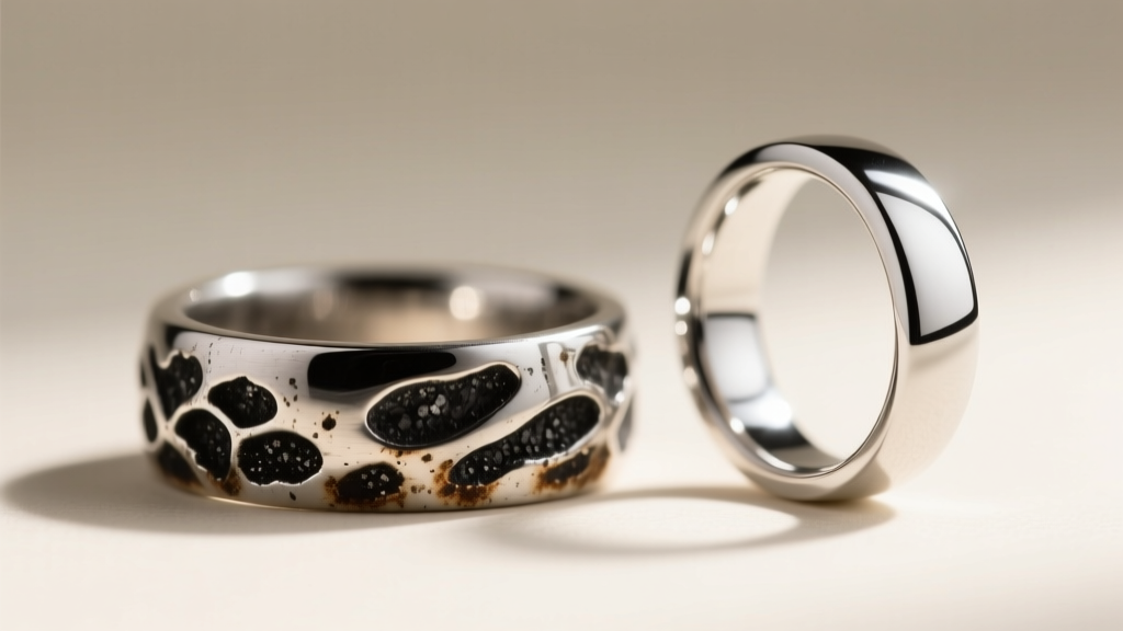 Macro photo of heavily oxidized sterling silver band showing black silver oxide tarnish beside a pristine polished platinum ring