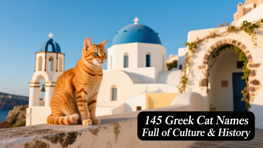 an orange cat sitting calmly on a sunlit stone ledge in Santorini, with whitewashed buildings and blue domes in the background