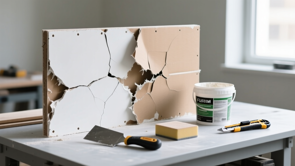 Cross-section of a damaged drywall panel exposing the white gypsum core and torn brown paper facer, with repair tools resting on a workbench